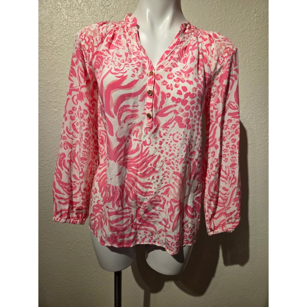 Lilly‎ Pulitzer Elsa Silk Blouse Pink White Animal Floral Print XS Gold Buttons